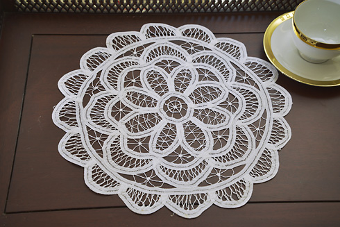 Belgium 109 All Lace Doilies 14" Round. All Battenburg Lace - Click Image to Close